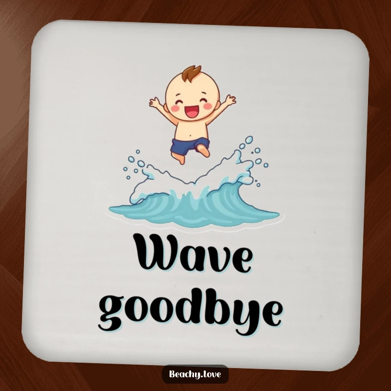 Funny coaster with a cheerful figure jumping over waves, creating a humorous splash, protecting furniture with style.