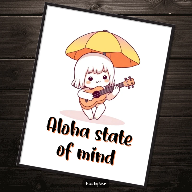Funny poster print of a charming character playing a tiny ukulele under a beach umbrella, creating a cheerful and humorous beach scene.
