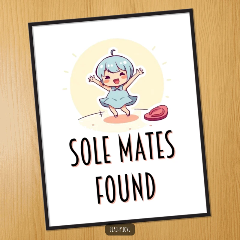 Funny poster showing a cheerful character dancing around a flip-flop. Humorous beach-themed wall art.