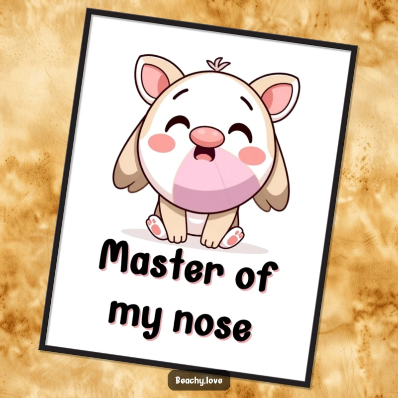 Funny poster of a surprised kawaii character balancing a beach ball on its nose, radiating quirky joy.