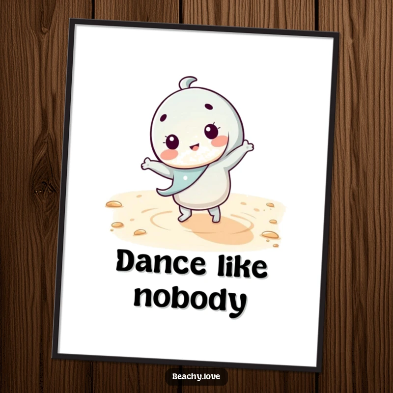 Funny kawaii character doing a silly, energetic dance on warm sand, depicted as humorous wall art for poster lovers.