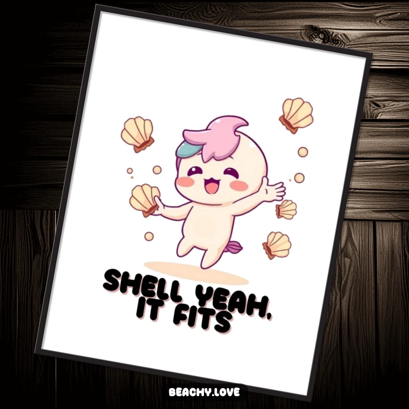 Funny poster of a cheerful kawaii character delightedly juggling seashells, embodying playful skill and happiness.