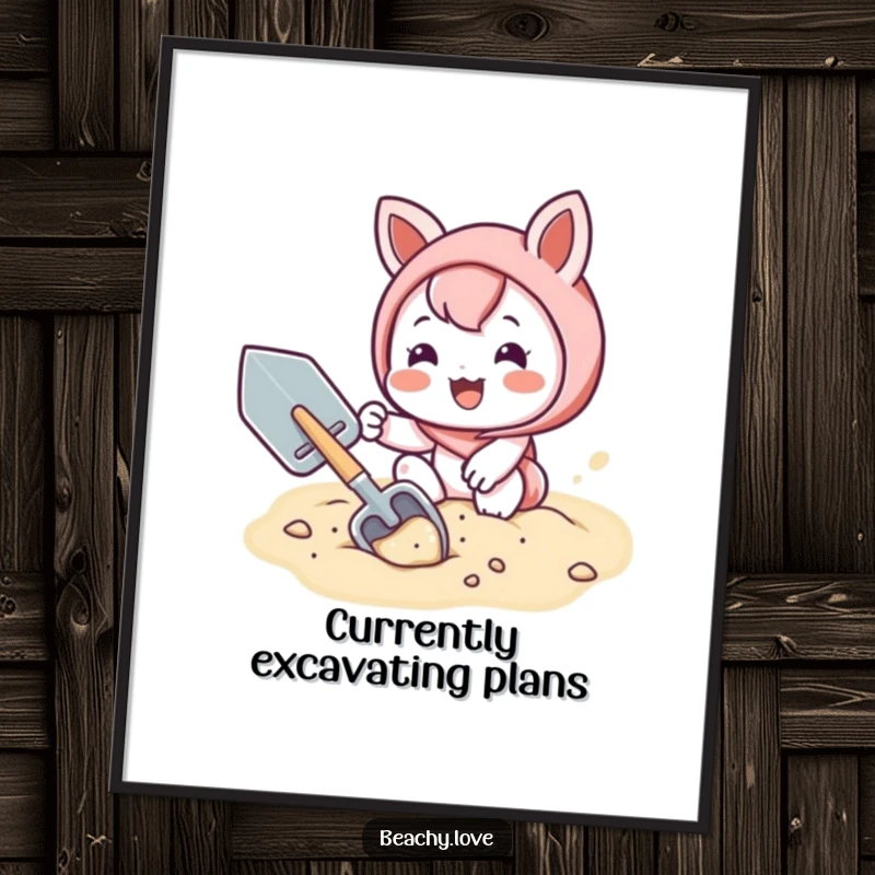 Funny poster of a cute kawaii character joyfully digging in the sand with a shovel, capturing a moment of pure bliss.
