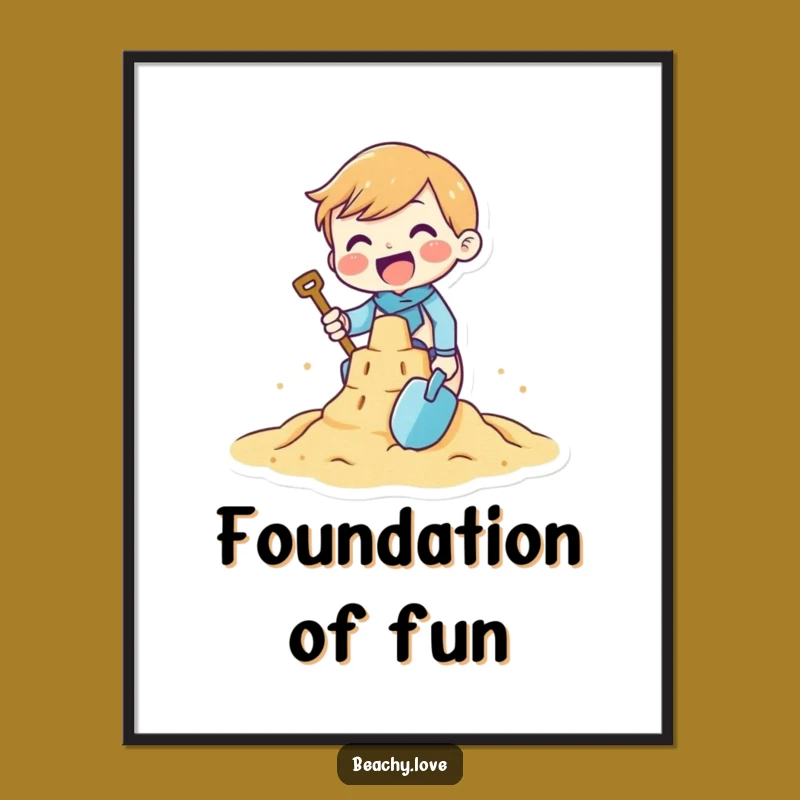 Funny Sandcastle Builder Poster: Tiny Character Beach Art Print, Decorative Funny Gift