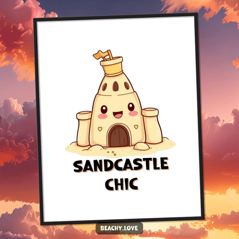 Funny poster showcasing a happy sandcastle with a tiny bucket and spade on its head, bringing cheerful beach vibes indoors.