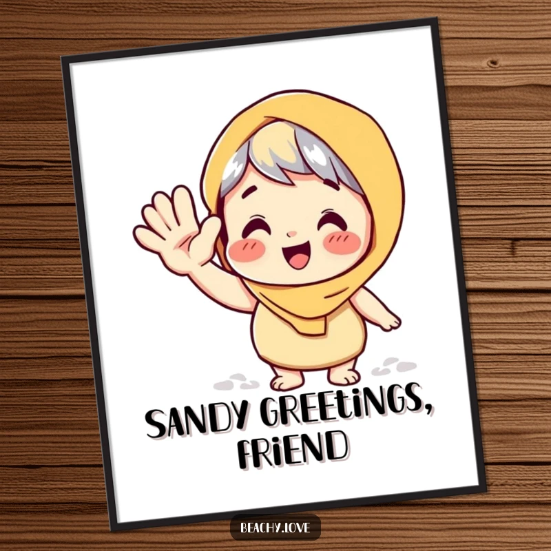 Funny poster of a character giving a big, playful wave with a sandy hand, perfect for humorous coastal wall decor.