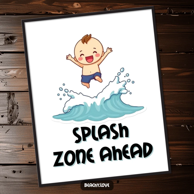 Funny poster print of a cheerful figure soaring over small waves, leaving a dramatic, energetic splash in its wake, full of life.