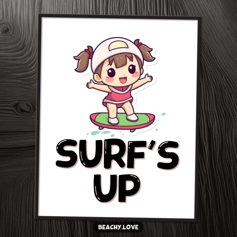 Funny poster of a delighted figure balancing on a small, colorful surfboard, capturing the dynamic motion of surfing.