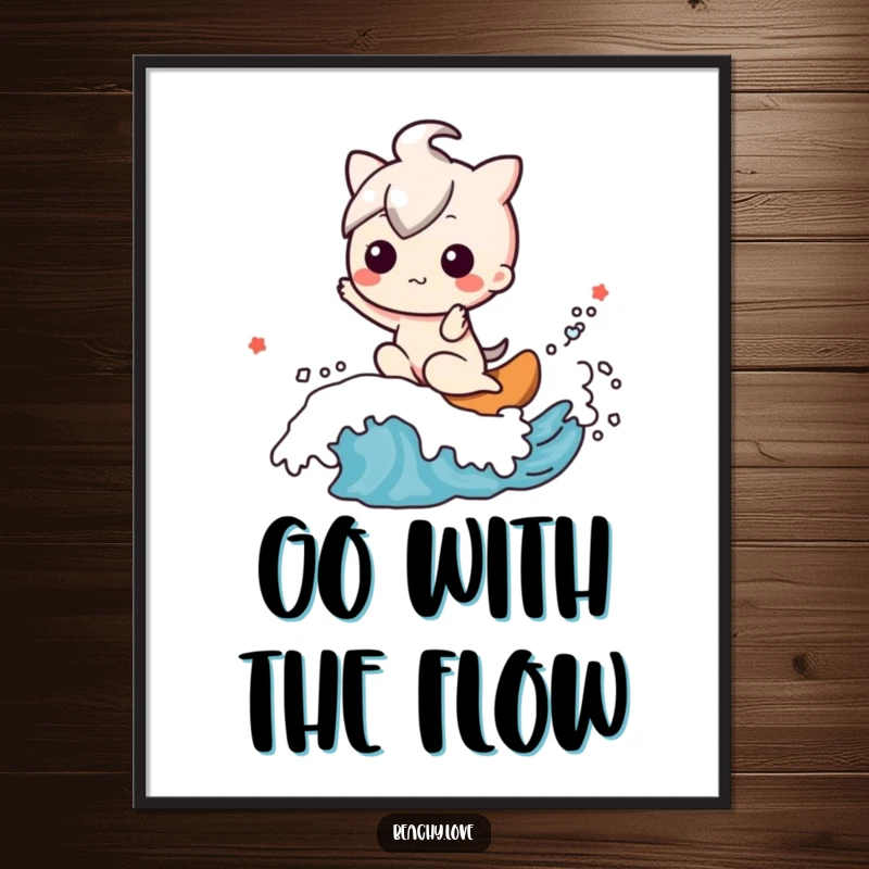 Funny poster of a happy kawaii character joyfully riding a friendly ocean wave, embodying pure surf spirit.