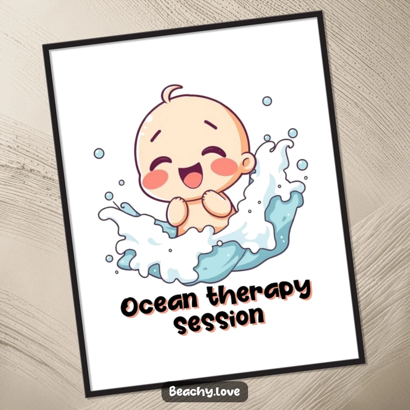 Funny poster illustrating a kawaii character giggling with waves splashing around them, vibrant beach scene conveying pure joy.