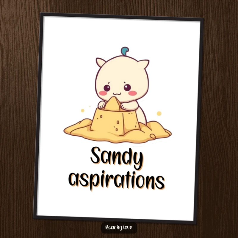 Funny kawaii character determinedly building a detailed sandcastle, presented as humorous beach-themed wall art for poster enthusiasts.