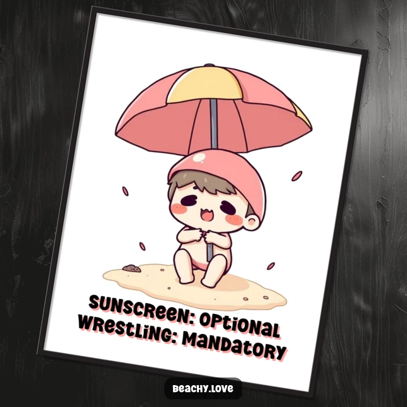 Funny poster of a kawaii character losing control of a beach umbrella on a windy beach, vibrant and comical illustration.