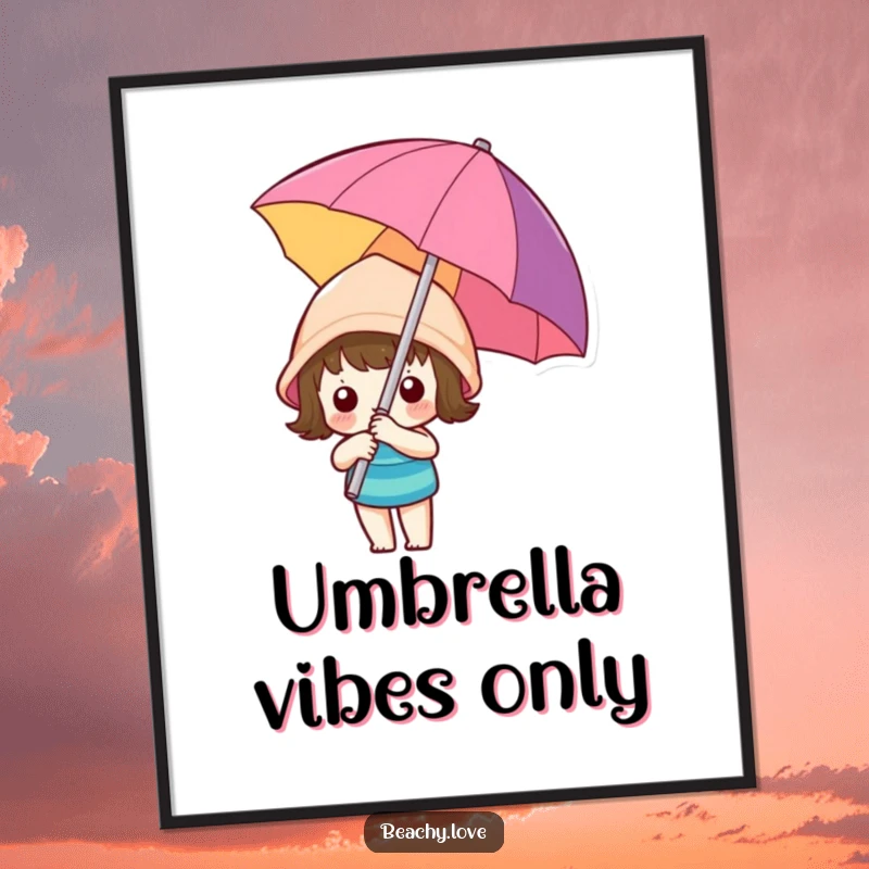 Funny kawaii character holding a large, colorful beach umbrella, depicted as humorous wall art for poster lovers seeking beach themes.