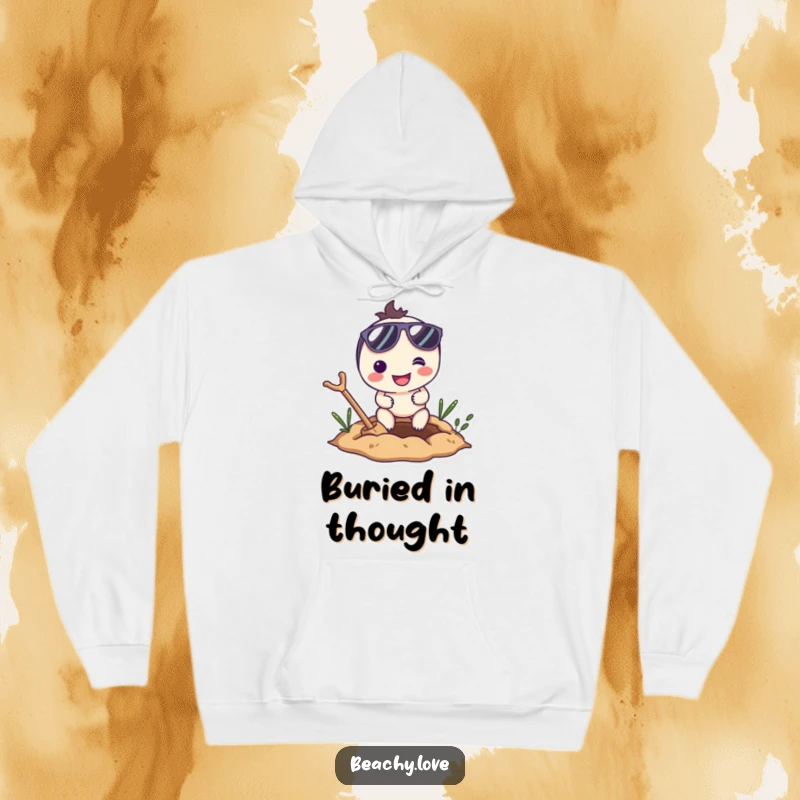 Funny hoodie depicting a smiling character in sunglasses, enthusiastically digging a hole, comfortable and humorous apparel.
