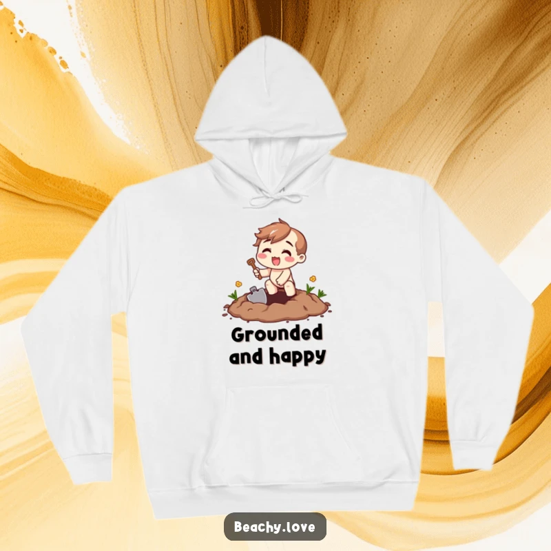 Funny digging excitement hoodie depicting a beaming character enthusiastically digging with a tiny shovel, perfect for cozy, active moments.