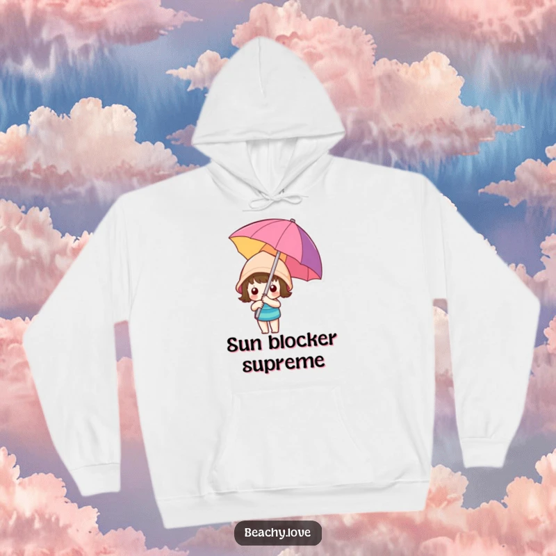 Funny kawaii character holding a colorful beach umbrella, depicted on a cozy hoodie, perfect for staying warm with a touch of humor.