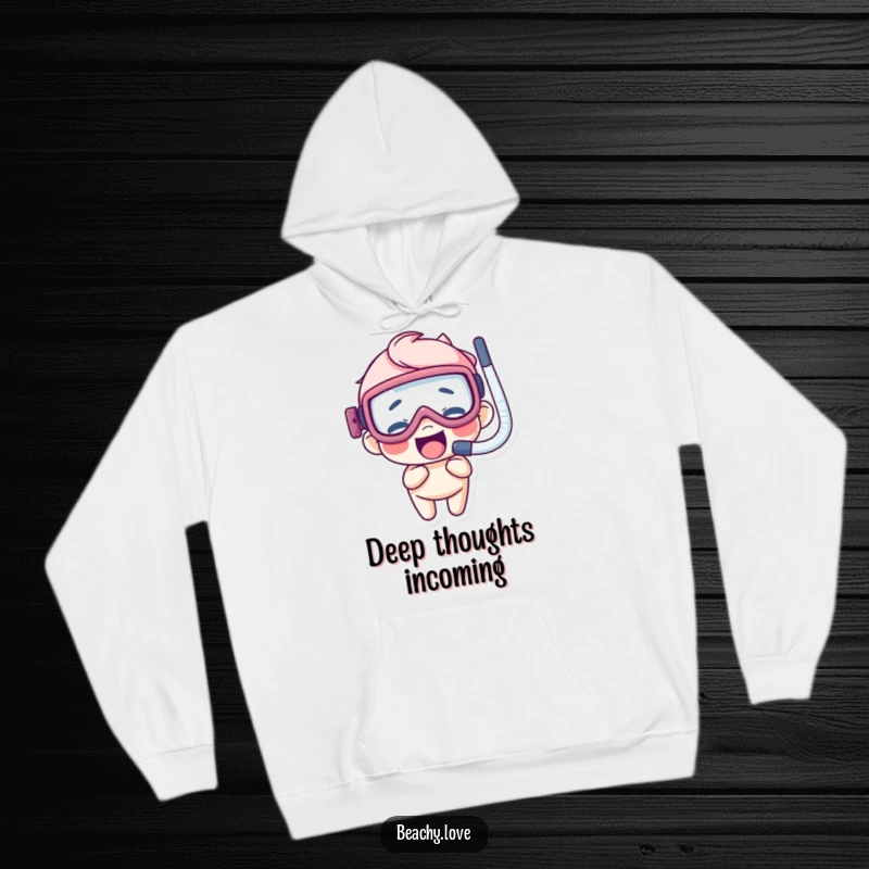 Funny hoodie featuring a giggling character wearing oversized goggles and a snorkel, embodying playful aquatic exploration.
