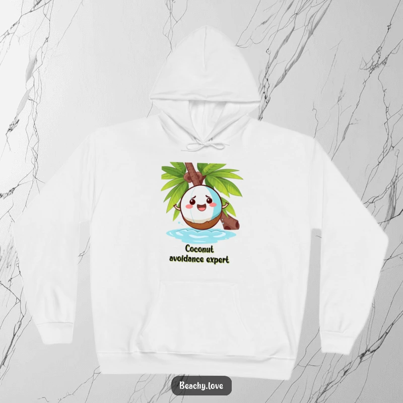 Funny hoodie depicting a cheerful beach ball comically bouncing off a grumpy coconut, offering cozy tropical vibes.