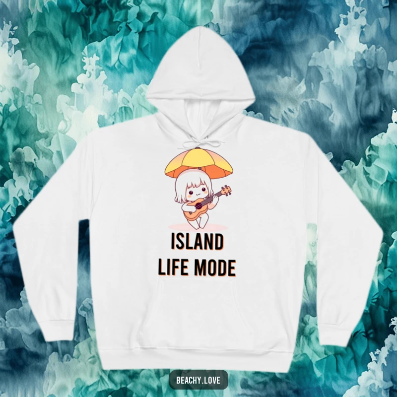 Funny hoodie depicting a charming character playing a small ukulele beneath a beach umbrella, capturing a scene of joyful, musical relaxation.