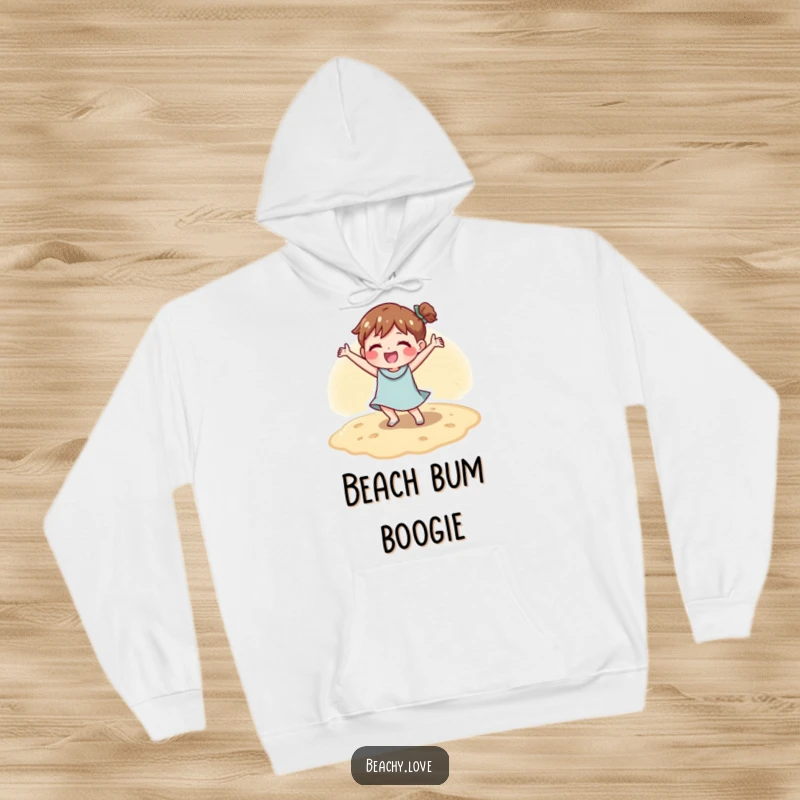 Funny hoodie illustration of a character doing a happy dance on warm sand, bringing beachy vibes and comfort.