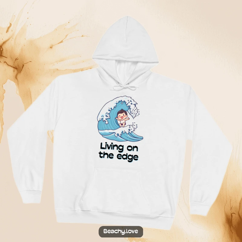 Funny hoodie featuring a small, smiling character joyfully riding a breaking ocean wave, cozy and perfect for surf enthusiasts.