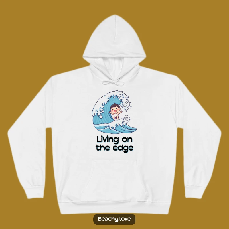 Funny Joyful Wave Rider Hoodie - Cozy Smiling Character Surfing Sweatshirt