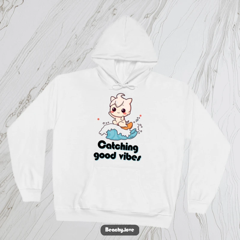 Funny hoodie with a happy kawaii character riding a friendly wave, radiating warmth and carefree joy.