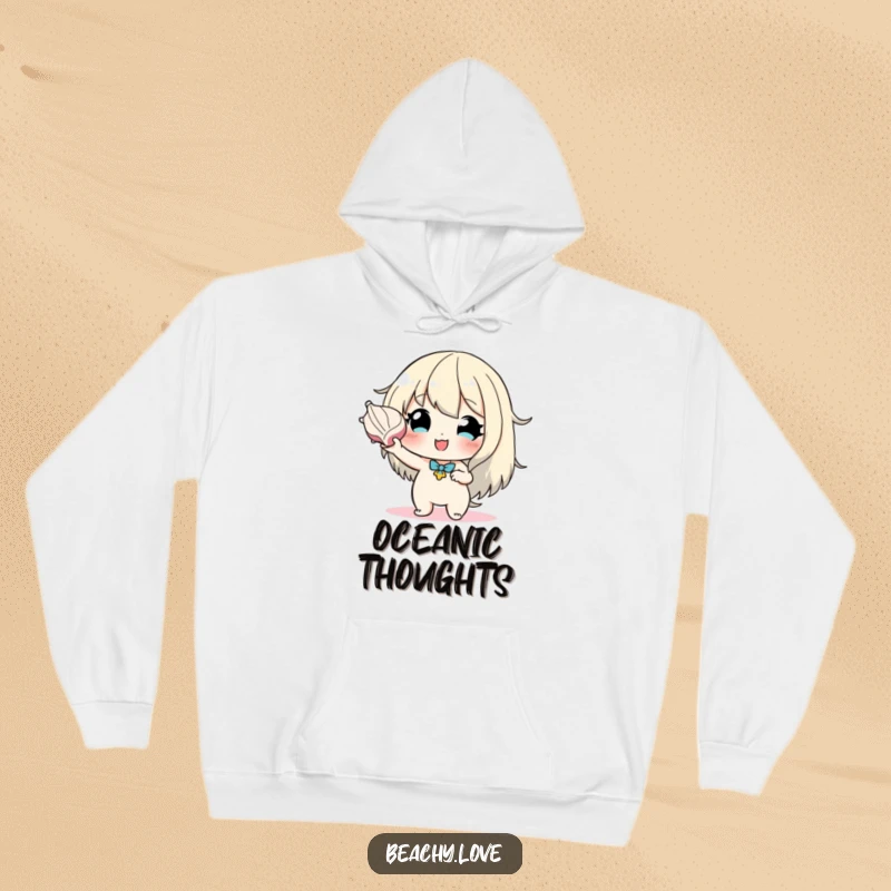 Funny hoodie with a hopeful character holding a seashell to their ear, embodying a sense of peace, imagination, and the mysteries of the ocean.