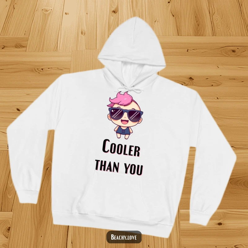 Funny hoodie showcasing a happy character wearing oversized sunglasses, with a wide, cheerful grin, perfect for relaxed days.