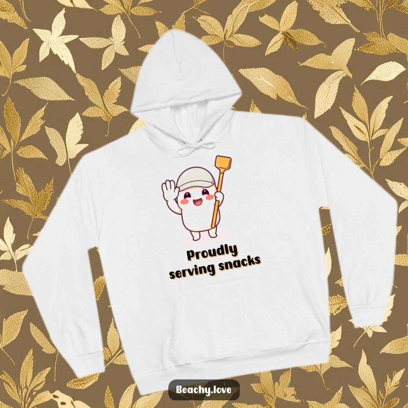 Funny hoodie featuring a beaming character saluting with a tiny toy shovel, symbolizing diligent fun.