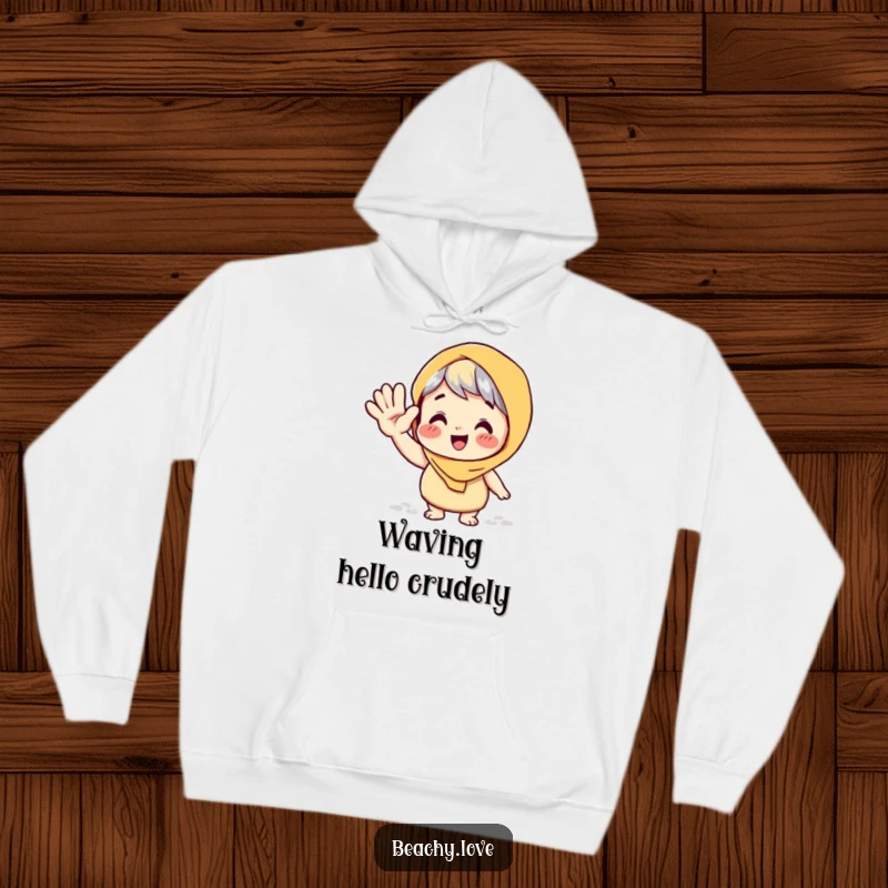 Funny hoodie depicting a character giving a large, playful wave with a sandy hand, perfect for cozy, humorous beach vibes.