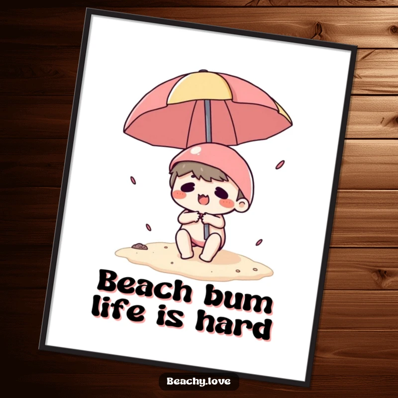 Funny Free Printable Wall Art featuring a kawaii character hilariously failing to control a beach umbrella, perfect downloadable art.