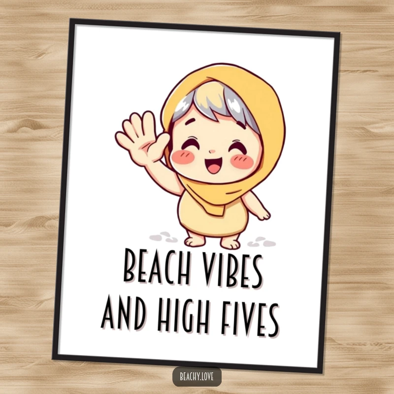 Funny free printable wall art of a character enthusiastically waving with a sandy hand. Instant download for playful decor.