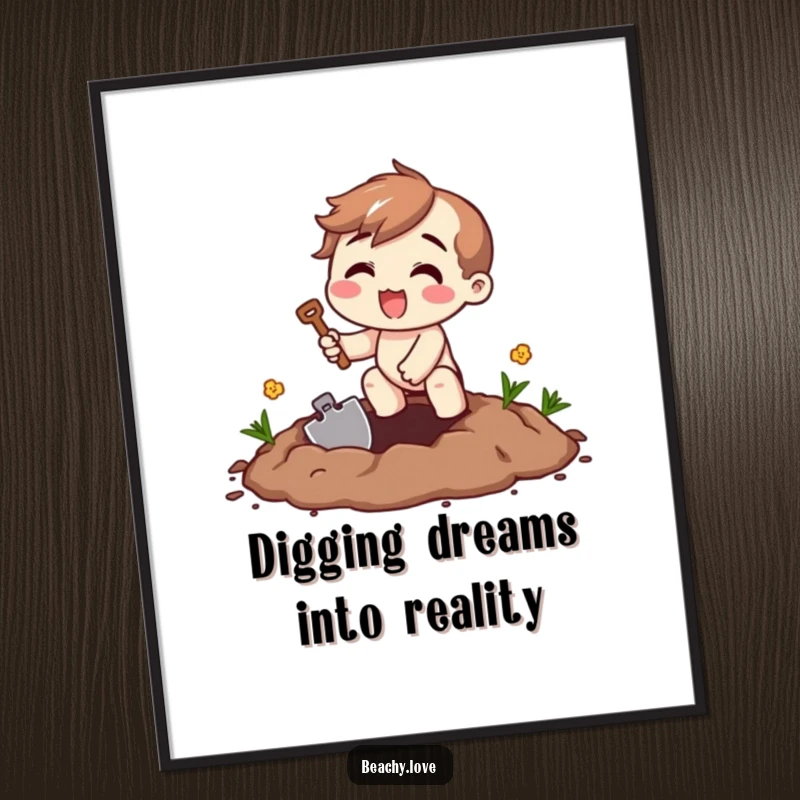 Funny Free Printable Wall Art: Character excitedly digging a hole, tiny shovel, beaming smile, quirky humor, downloadable.