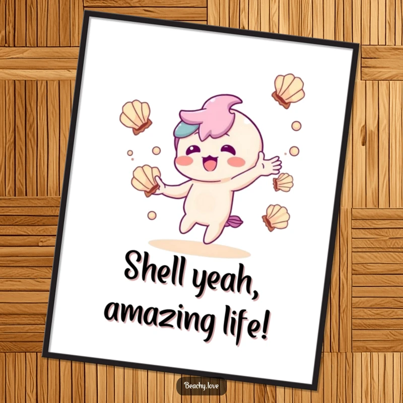 Funny Free Printable Wall Art: Kawaii character juggling seashells with delight, whimsical, joyful decor.