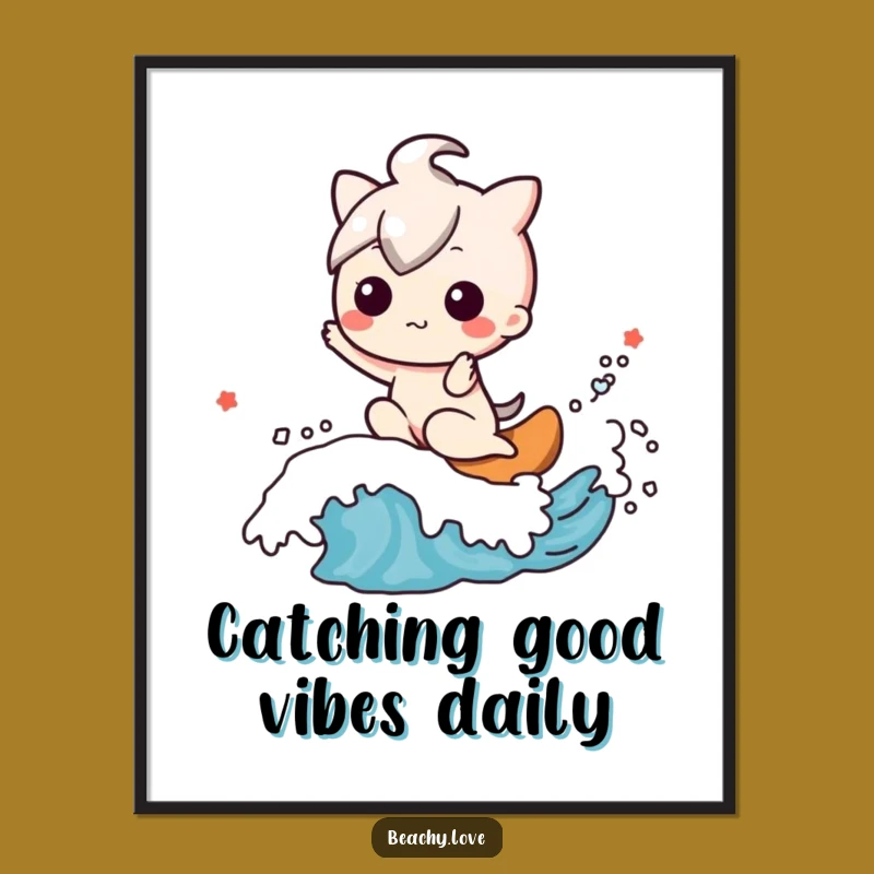 Free Printable Kawaii Wave Riding Art: Fun Downloadable Beach Decor