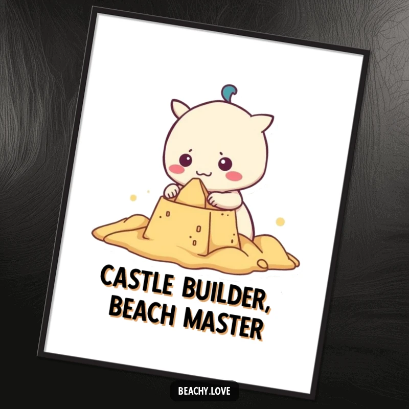 Funny free printable wall art of a kawaii character's determined grin as they build a sandcastle, adding humor to any space.