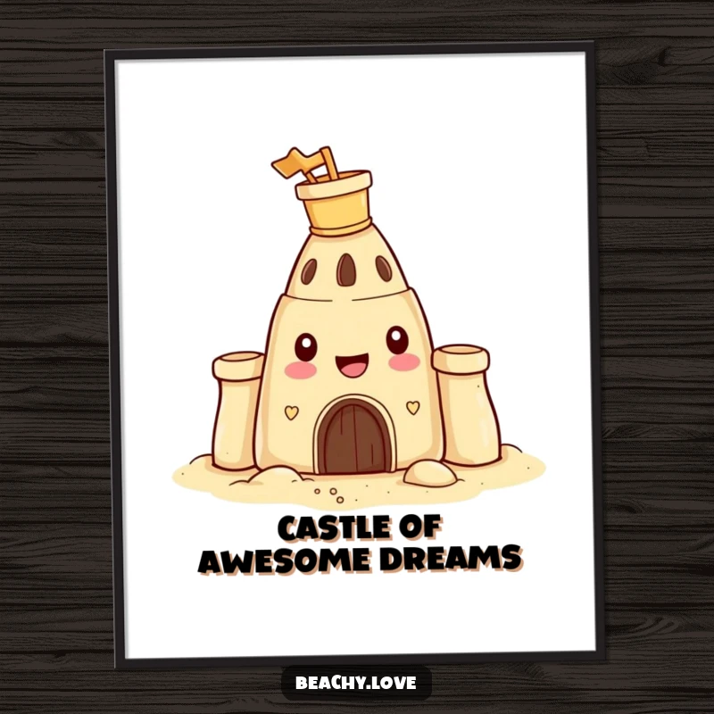 Funny Free Printable Wall Art: A happy sandcastle wearing a bucket and spade on its head, beach humor.