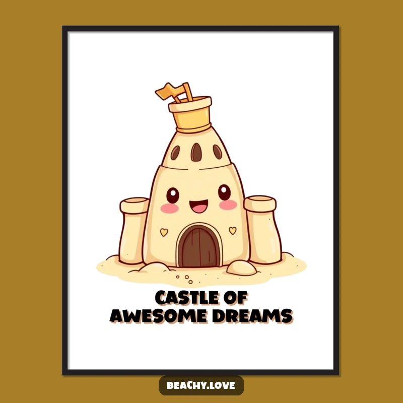 Free Printable Wall Art: Happy Sandcastle with Bucket & Spade, Funny Downloadable Beach Decor.