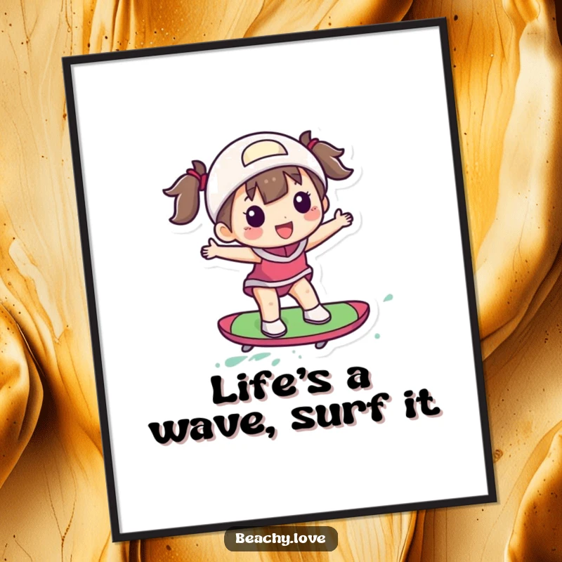 Funny Free Printable Wall Art: A delighted character joyfully surfing on a small, vibrant, and colorful board.
