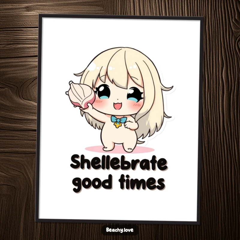 Funny Free Printable Wall Art, character holding seashell to ear, listening intently, with a hopeful and slightly amused expression.