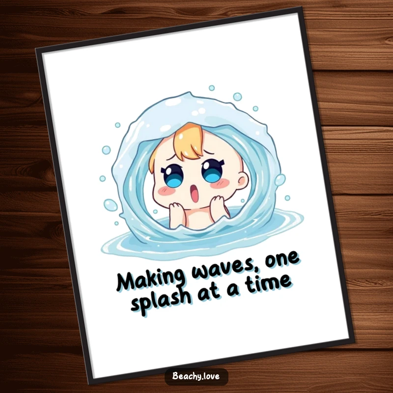 Funny Free Printable Wall Art: Surprised character getting soaked by a water wave, a humorous decorative piece.