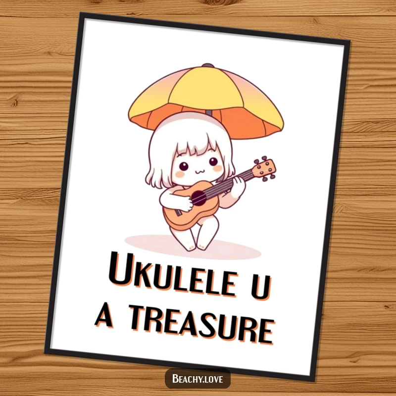 Funny Free Printable Wall Art: Charming character serenading under a beach umbrella with a tiny ukulele, beachy and amusing.