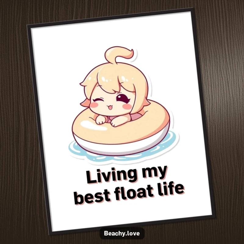 Funny Free Printable Wall Art: a kawaii character winks playfully while floating on an inflatable, unique downloadable art.