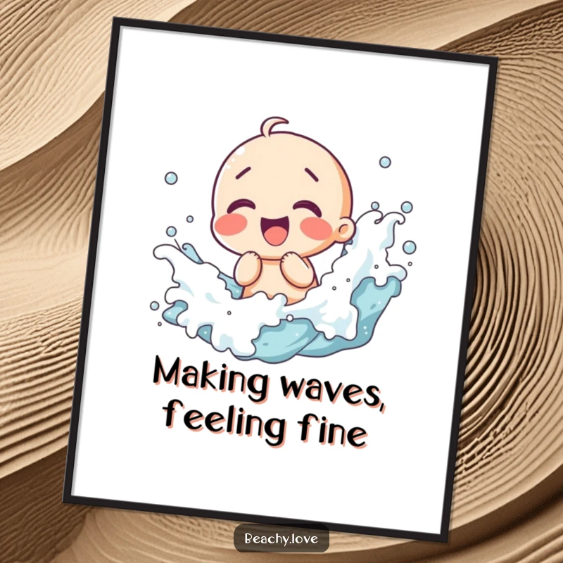 Funny Free Printable Wall Art: a kawaii character giggling blissfully as waves crash around them, unique downloadable art.