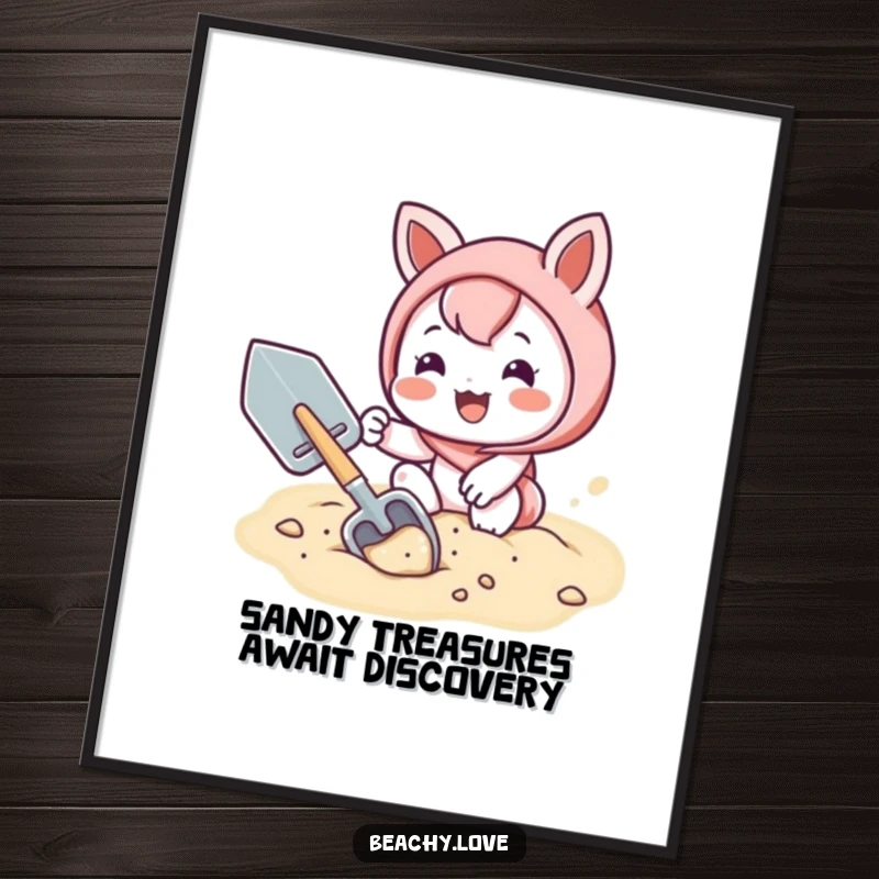 Funny Free Printable Wall Art: Kawaii character joyfully digging in sand with a shovel, cute decor.