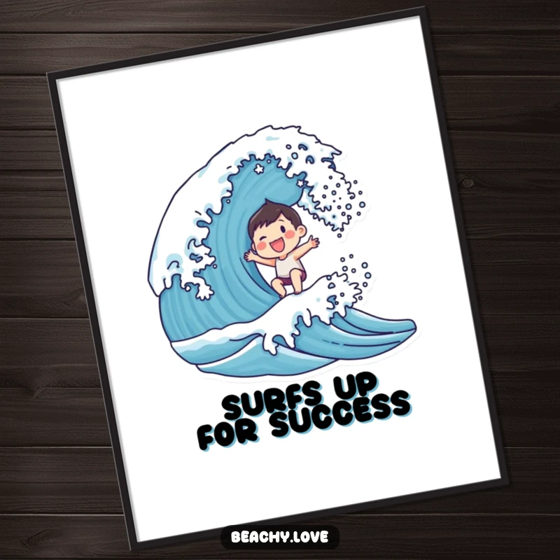 Funny Free Printable Wall Art: Small character with a wide, joyful smile enthusiastically surfing a dynamic breaking wave.