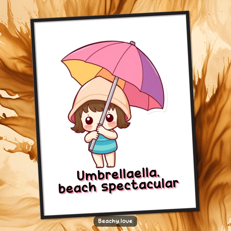 Funny free printable wall art of a kawaii character holding a colorful beach umbrella, evoking sunny relaxation and good times.