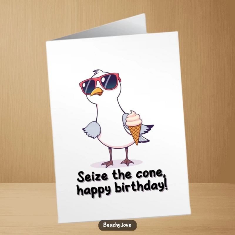 Funny Free Printable Birthday Card: A seagull in oversized sunglasses attempting to steal a tiny ice cream cone, celebrating.