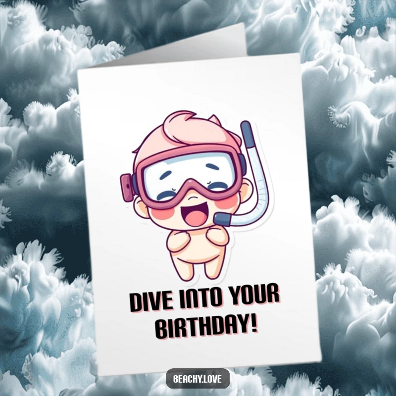 Funny Free Printable Birthday Card: Giggling character wearing oversized goggles and snorkel, ready for birthday fun.